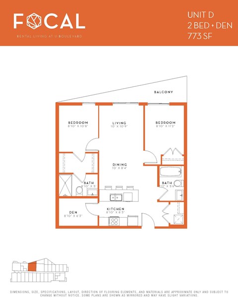 Floor plan for 2 beds, 2 baths, 848 sqft